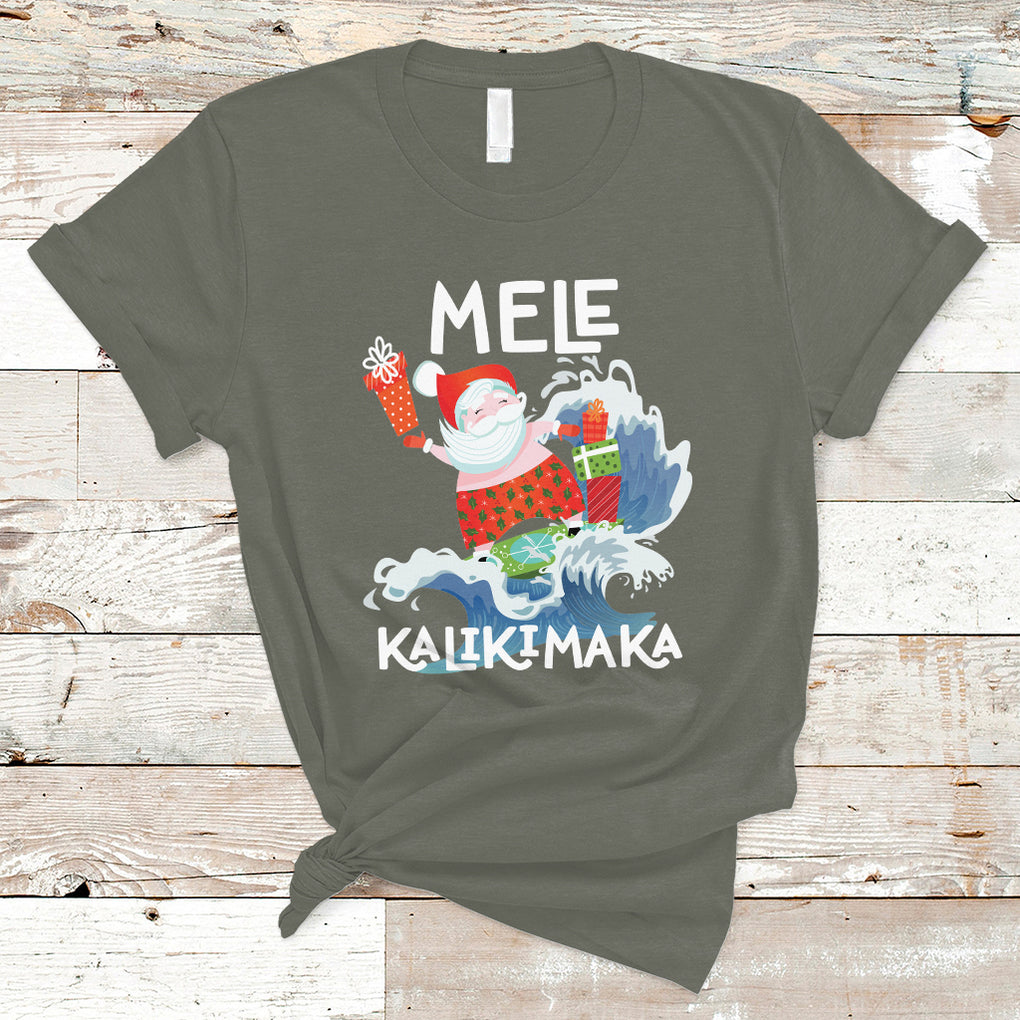 Mele Kalikimaka Surfing Cute Santa Hawaiian Christmas T Shirt TS09 Military Green Printyourwear
