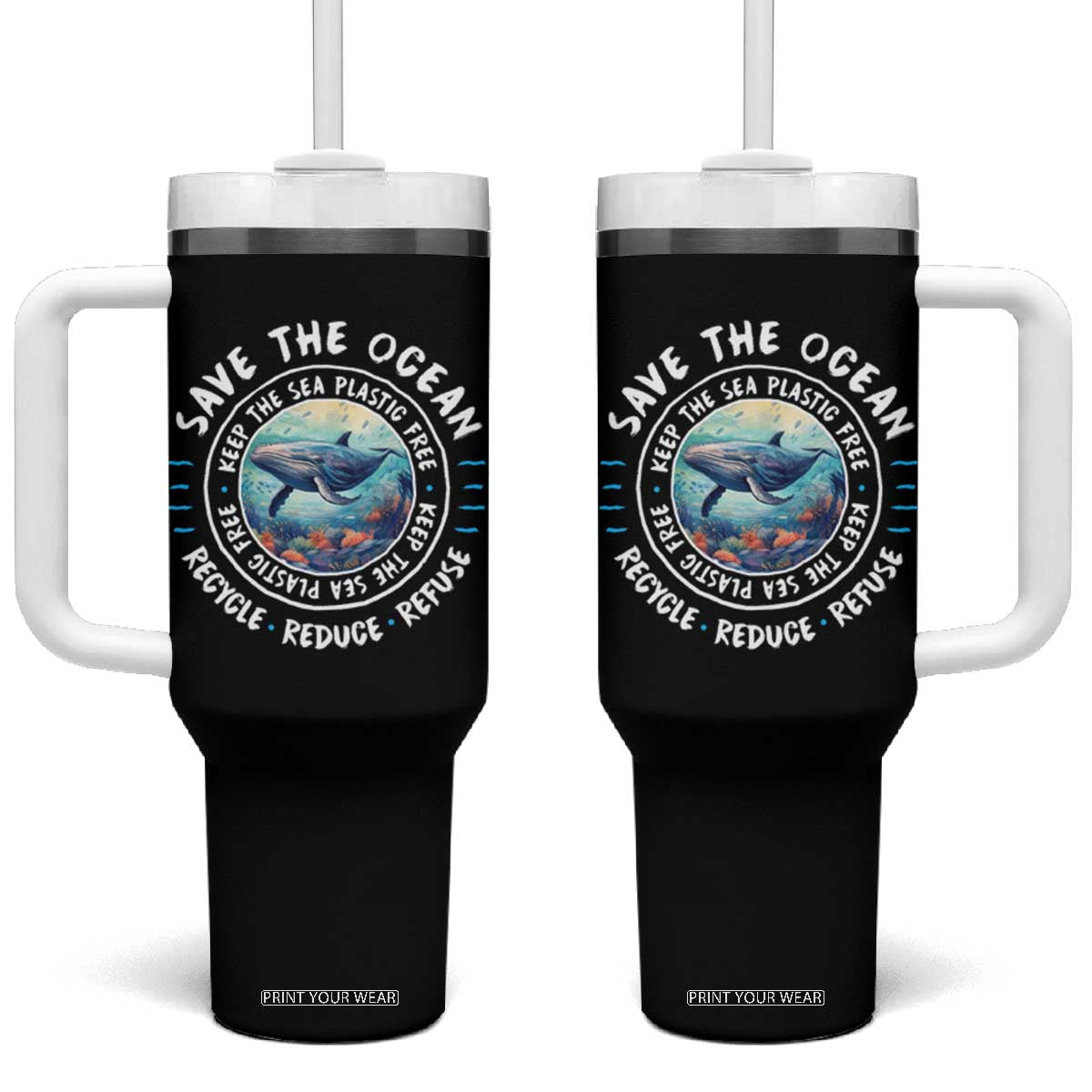 Earth Day Save The Ocean Humpback Whale Tumbler With Handle TS09 One Size: 40 oz Black Print Your Wear