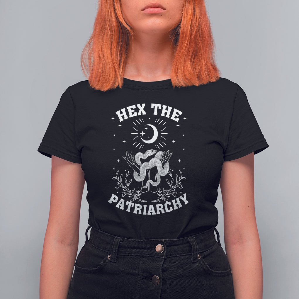 Feminist Witch T Shirt For Women Hex The Patriarchy Celestial Moon Snake TS09 Black Printyourwear