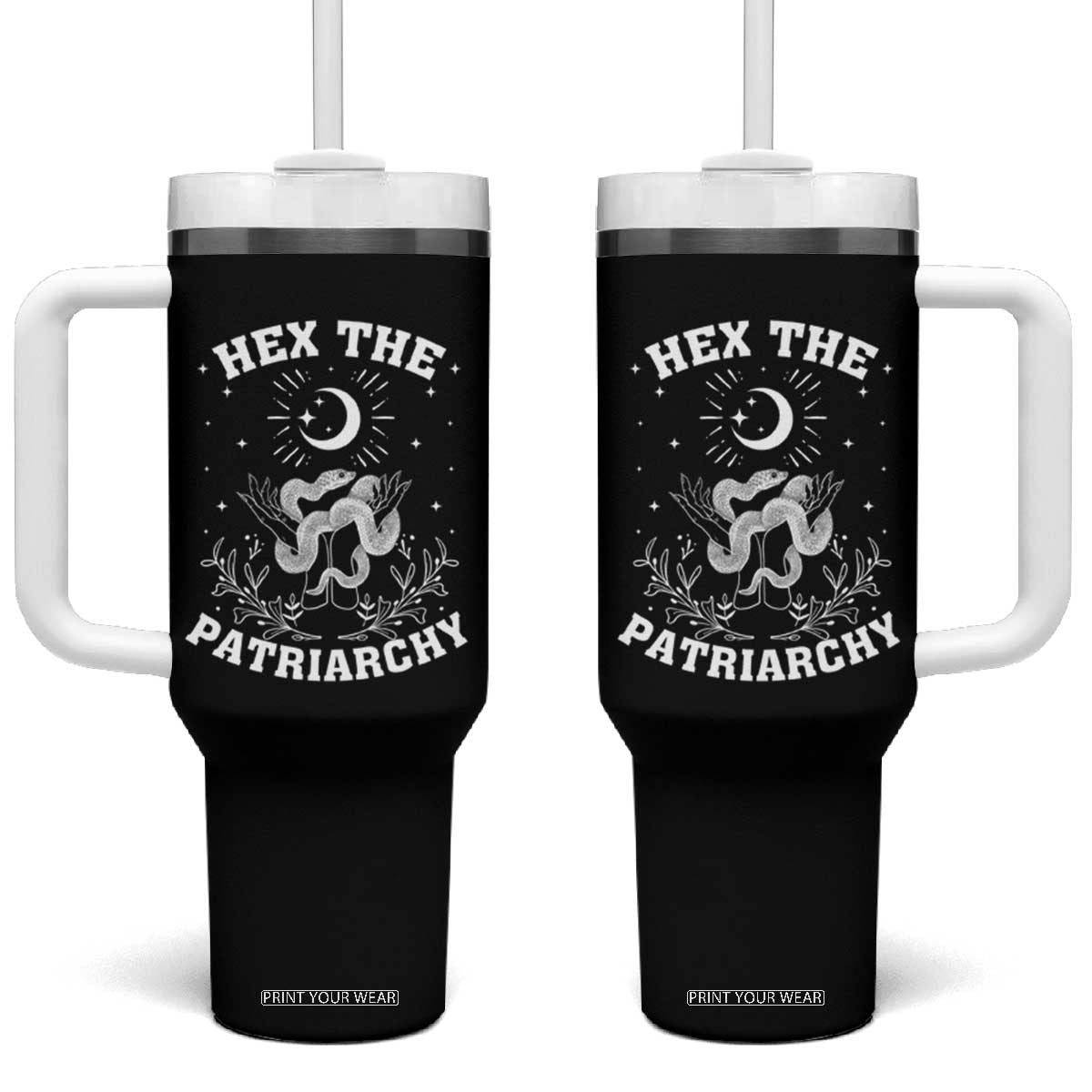 Feminist Witch Tumbler With Handle Hex The Patriarchy Celestial Moon Snake TS09 One Size: 40 oz Black Print Your Wear