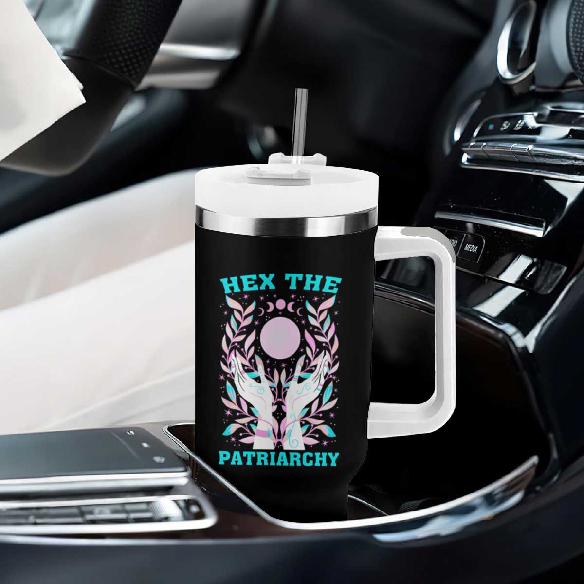 Feminist Witch Tumbler With Handle Hex The Patriarchy Celestial Moon TS09 Print Your Wear