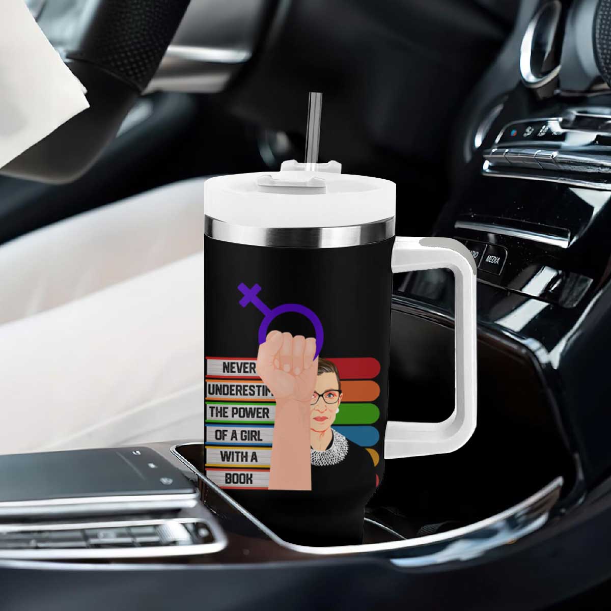 Feminist Tumbler With Handle Never Underestimate The Power Of A Girl With A Book RBG TS09 Print Your Wear