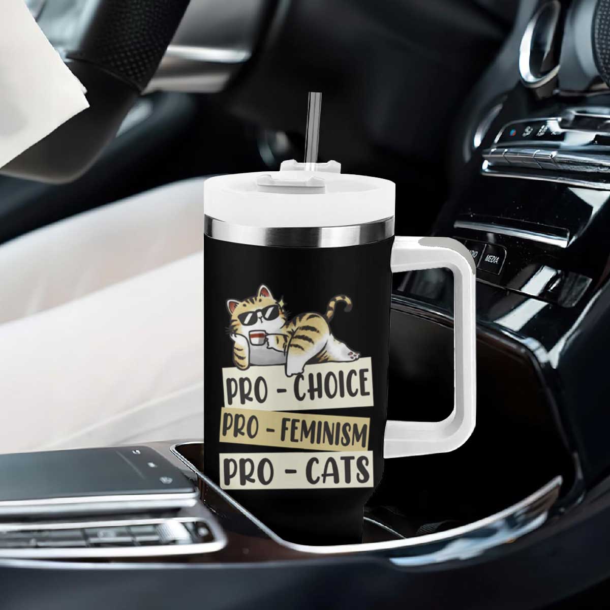 Feminist Tumbler With Handle Pro Choice Pro Feminism Pro Cats Funny Cat Coffee TS09 Print Your Wear