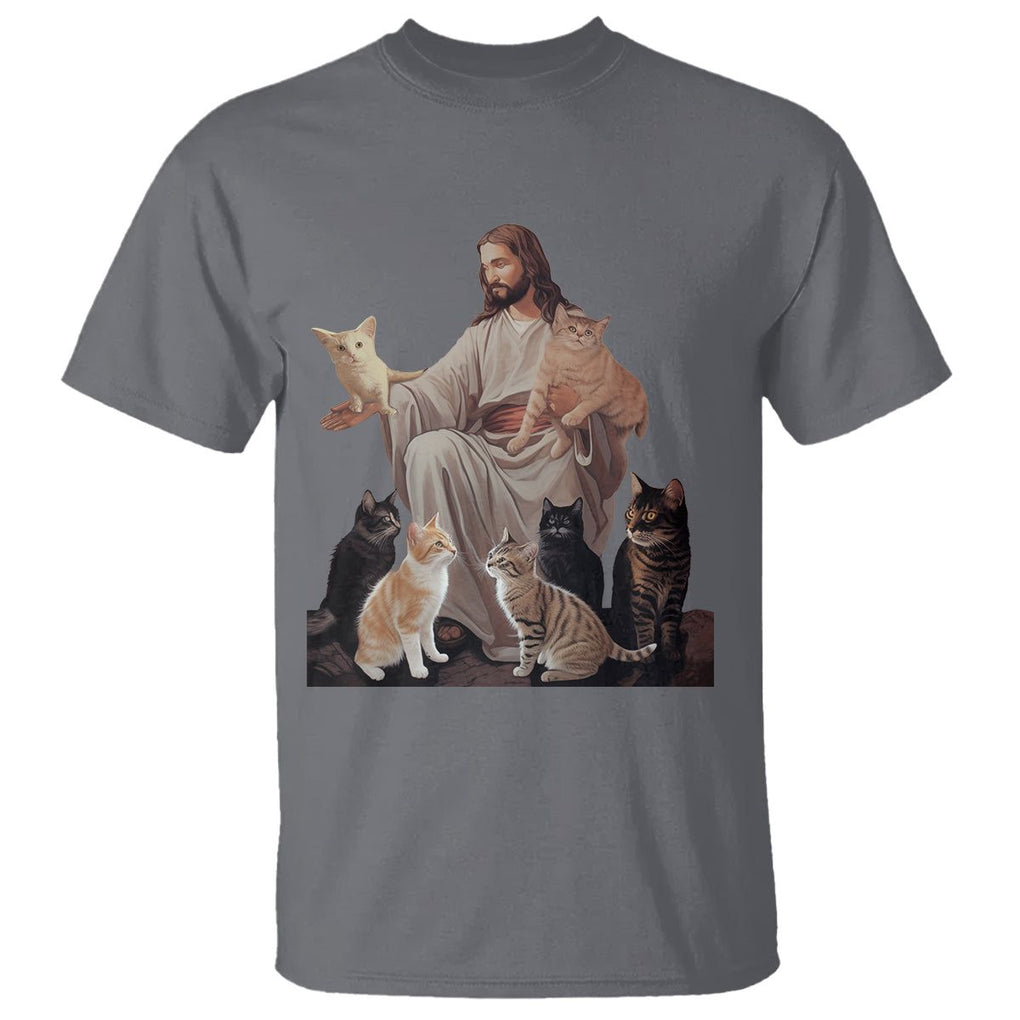 Jesus Hugs Cats Funny Christian Cat Lover T Shirt TS09 Charcoal Printyourwear