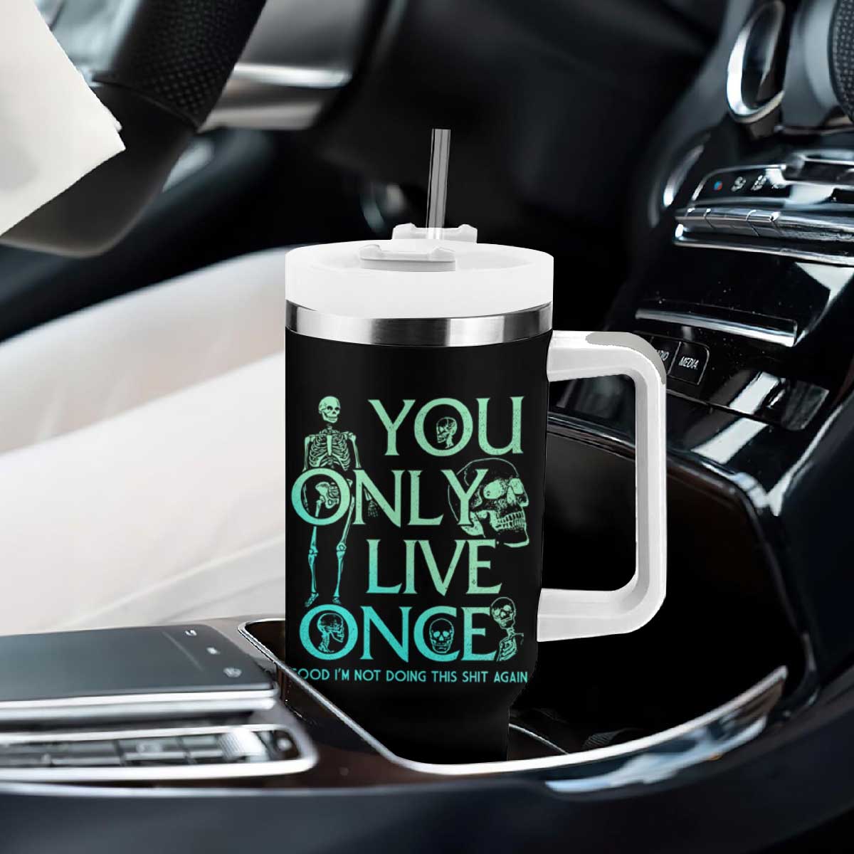 Mental Health Crisis Tumbler With Handle You Only Live Once Good I'm Not Doing This Shit Skeleton Existential Dread TS09 Print Your Wear