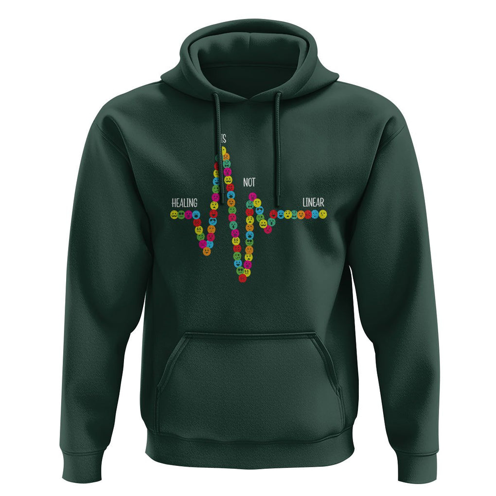 Mental Health Hoodie Healing Is Not Linear Emotion Faces TS09 Dark Forest Green Printyourwear