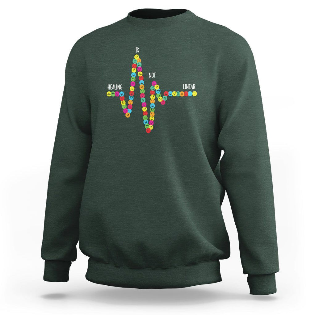 Mental Health Sweatshirt Healing Is Not Linear Emotion Faces TS09 Dark Forest Green Printyourwear