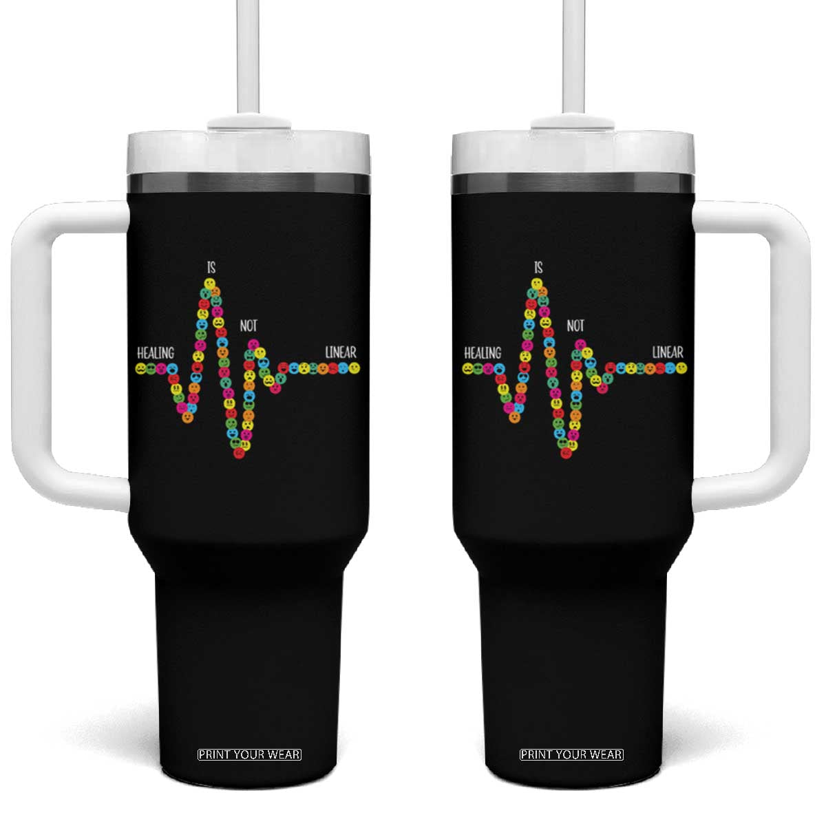 Mental Health Tumbler With Handle Healing Is Not Linear Emotion Faces TS09 One Size: 40 oz Black Print Your Wear
