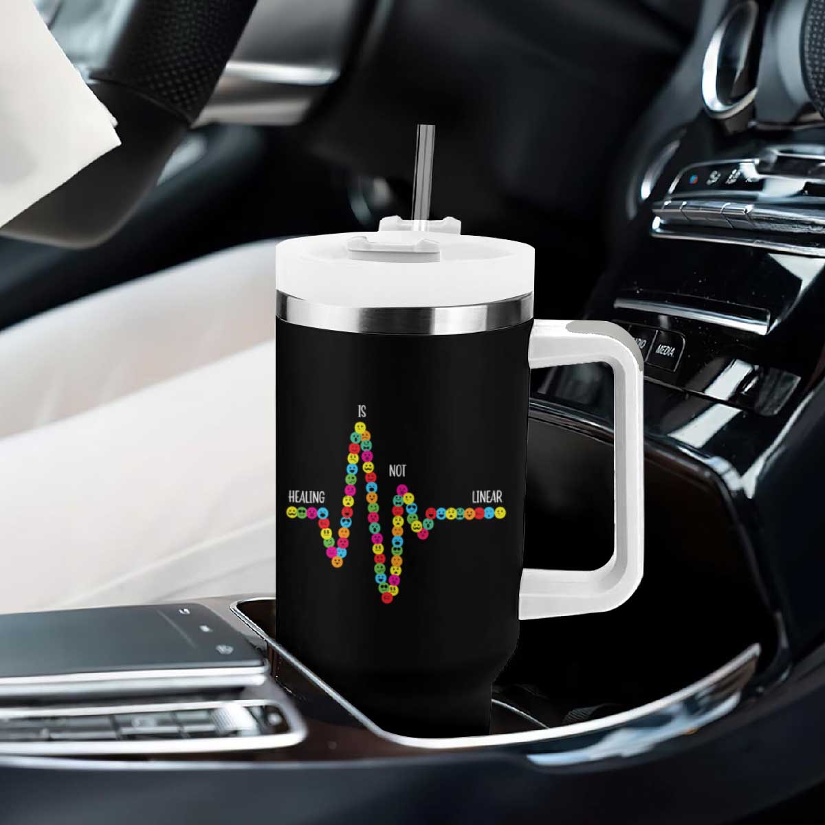 Mental Health Tumbler With Handle Healing Is Not Linear Emotion Faces TS09 Print Your Wear