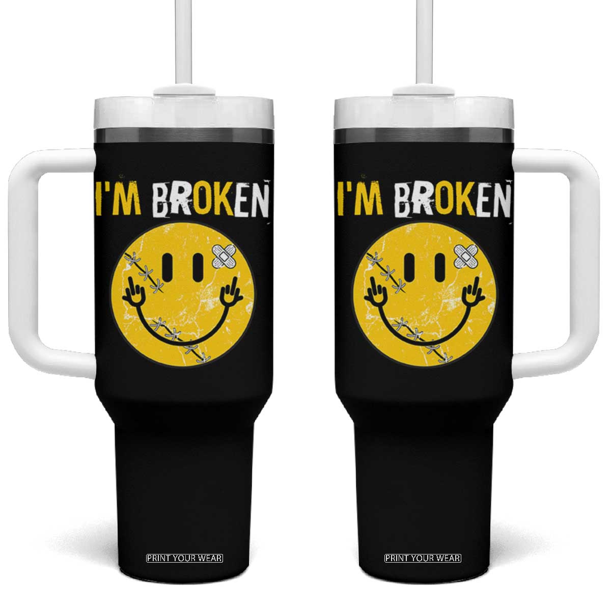 Mental Health Tumbler With Handle I'm Broken I'm Ok Invisible Illness Funny Fxxk Emotion Face TS09 One Size: 40 oz Black Print Your Wear
