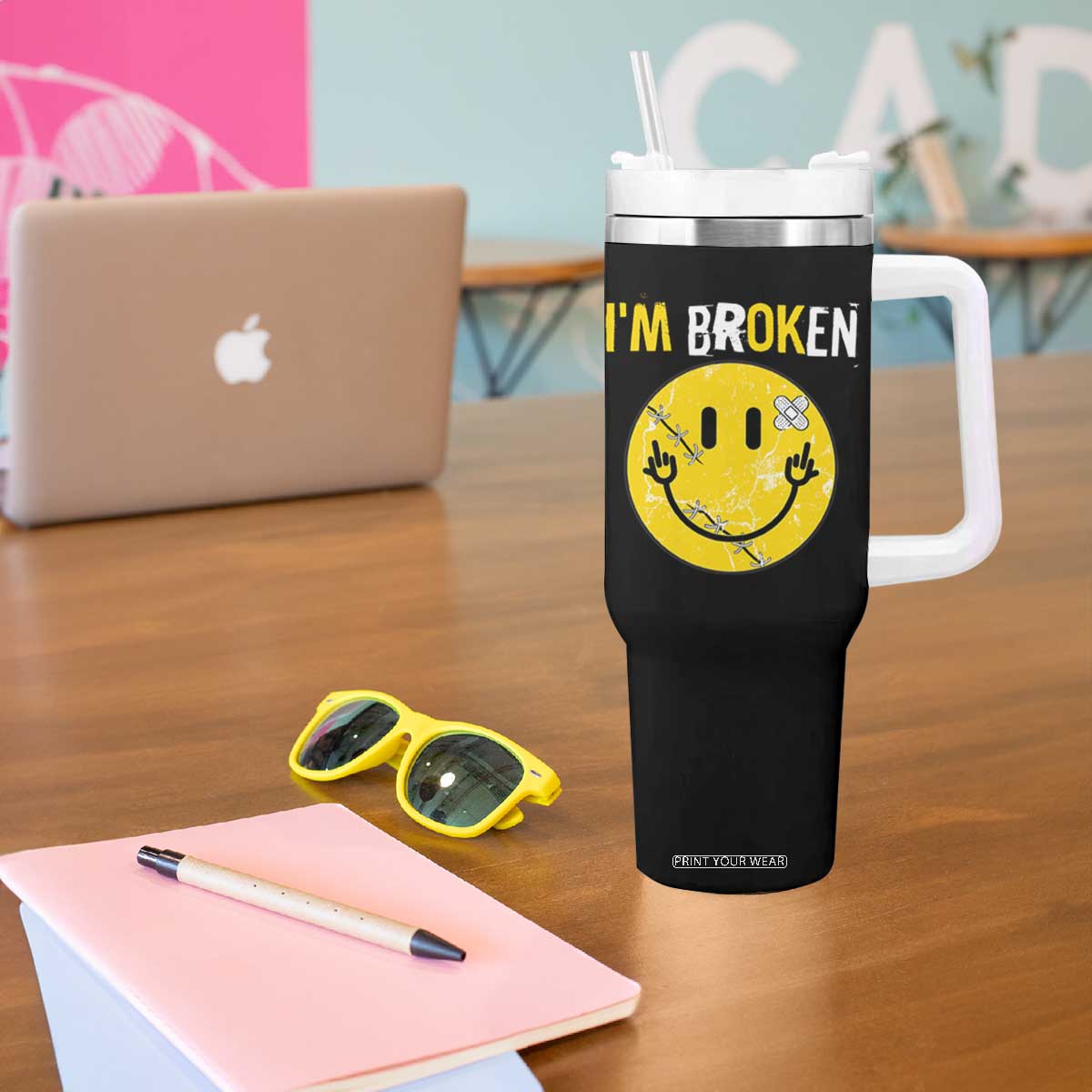 Mental Health Tumbler With Handle I'm Broken I'm Ok Invisible Illness Funny Fxxk Emotion Face TS09 Print Your Wear