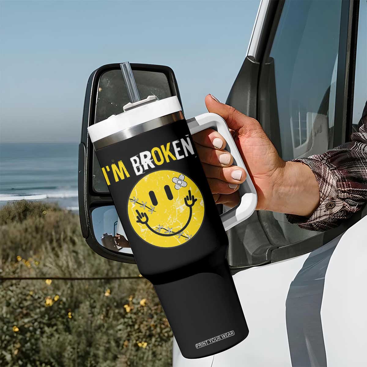 Mental Health Tumbler With Handle I'm Broken I'm Ok Invisible Illness Funny Fxxk Emotion Face TS09 Print Your Wear