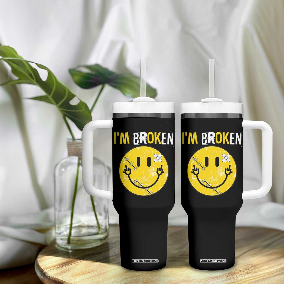 Mental Health Tumbler With Handle I'm Broken I'm Ok Invisible Illness Funny Fxxk Emotion Face TS09 Print Your Wear