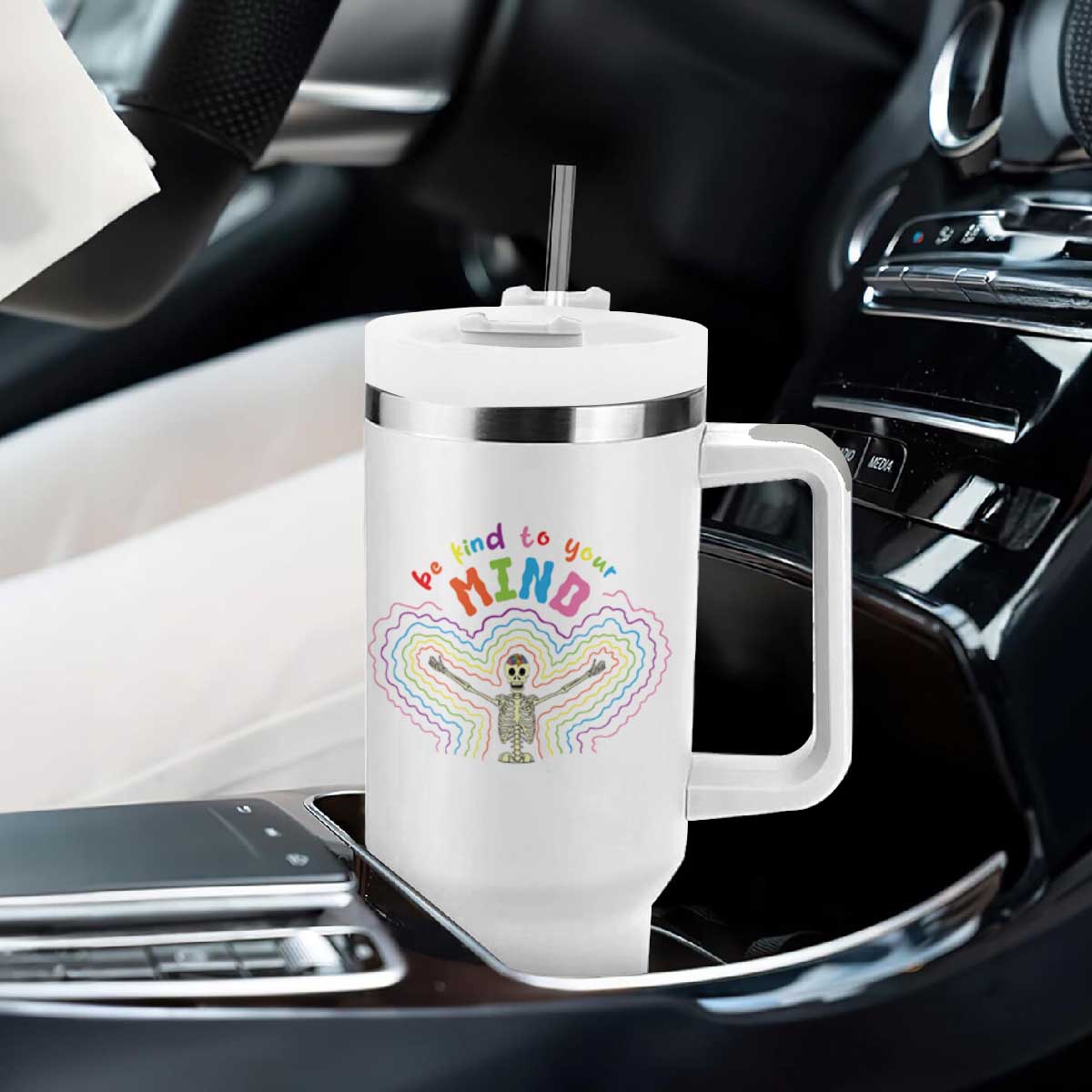 Mental Health Tumbler With Handle Be Kind To Your Mind Self Care Rainbow Skeleton TS09 Print Your Wear