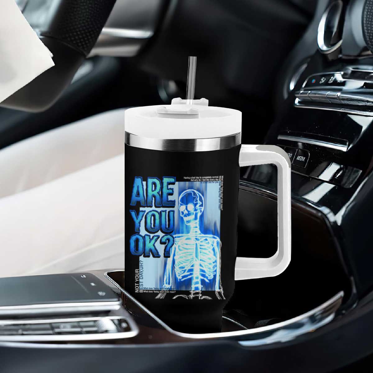 Mental Health Tumbler With Handle Are You Ok? Skeleton Having A Bad Day Is Completely Normal TS09 Print Your Wear
