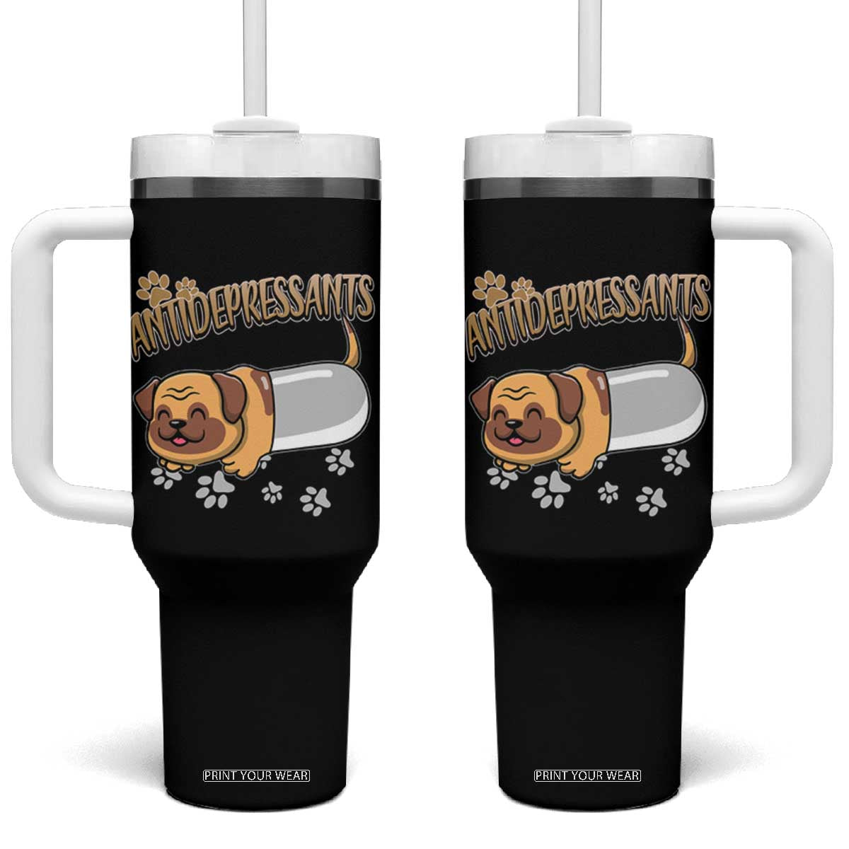 Mental Health Dog Lover Tumbler With Handle Antidepressants Dog Puppy Pill TS09 One Size: 40 oz Black Print Your Wear