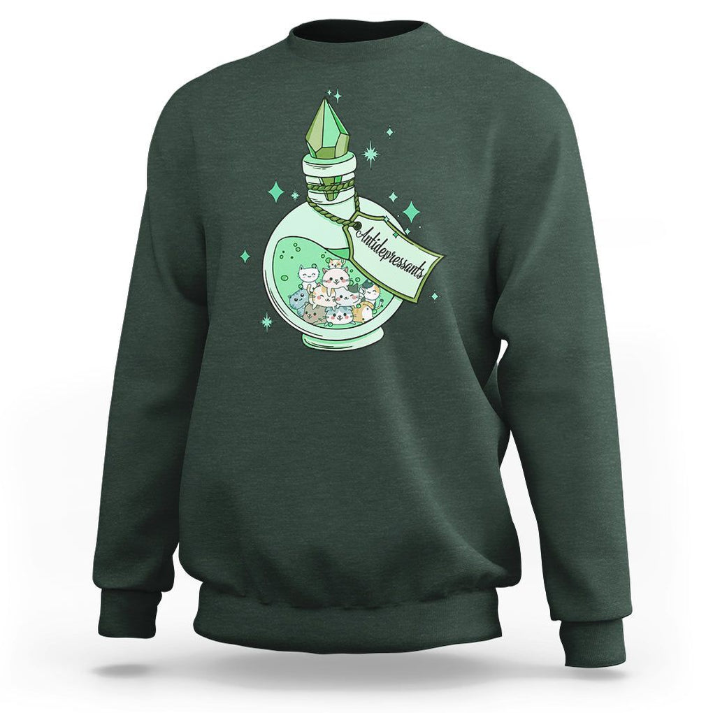 Mental Health Cat Lover Sweatshirt Antidepressants Cat Cute Pill TS09 Dark Forest Green Printyourwear