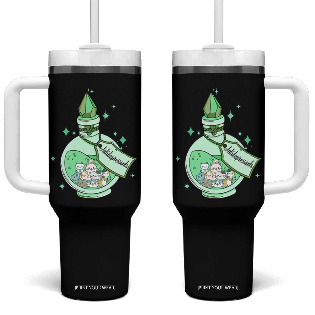 Mental Health Cat Lover Tumbler With Handle Antidepressants Cat Cute Pill TS09 One Size: 40 oz Black Print Your Wear