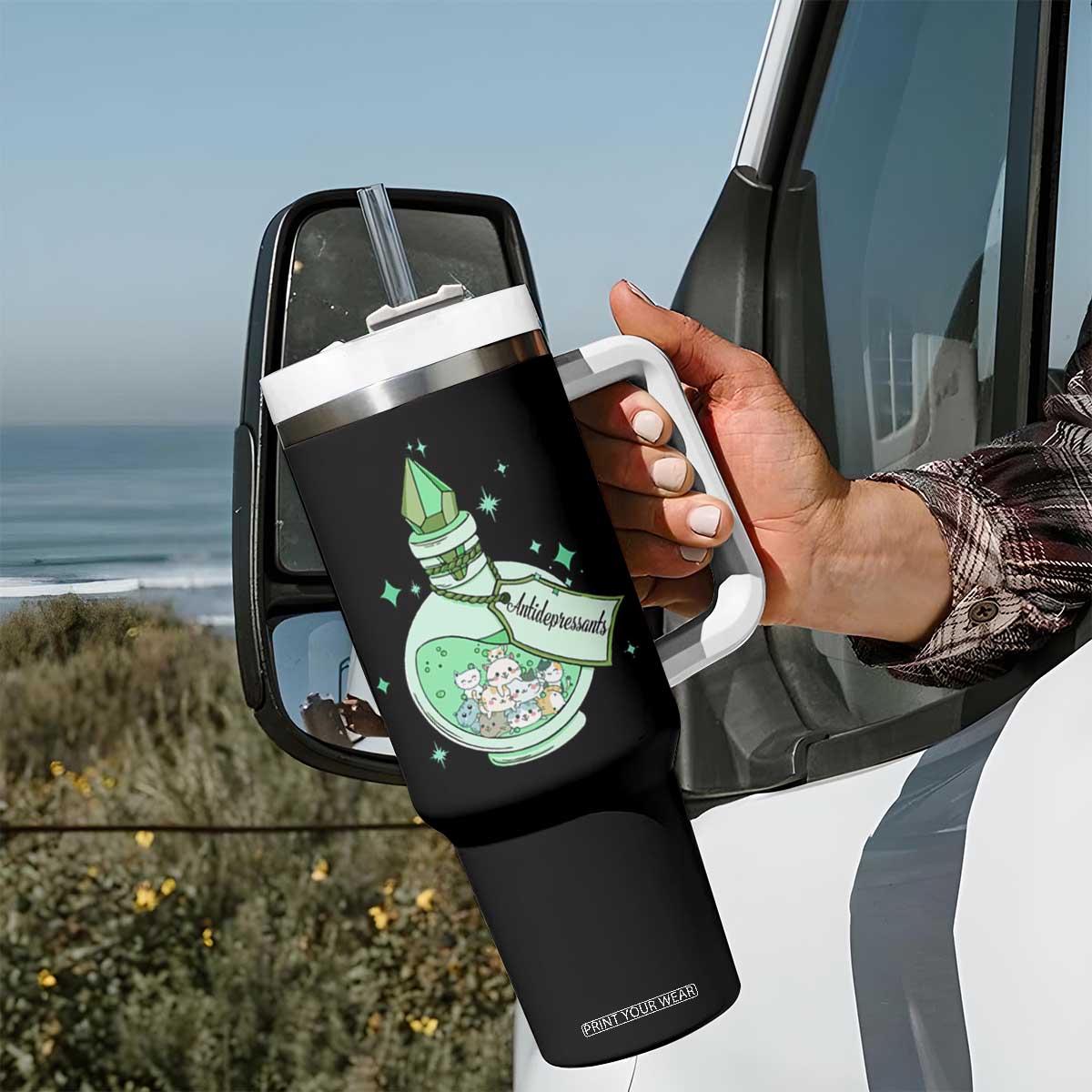 Mental Health Cat Lover Tumbler With Handle Antidepressants Cat Cute Pill TS09 Print Your Wear