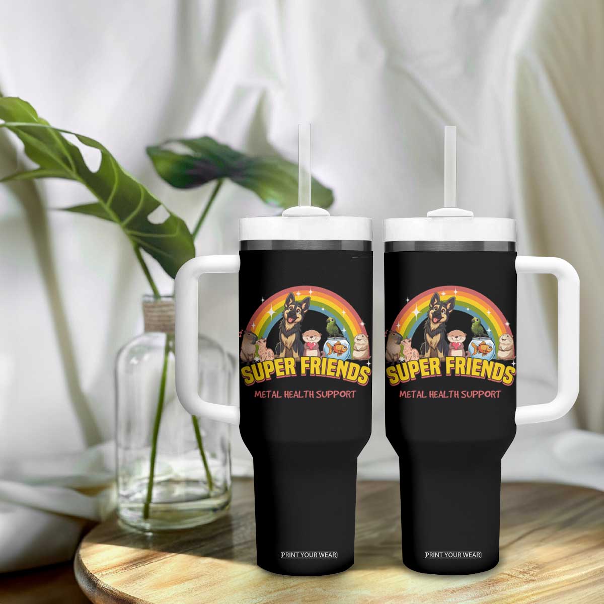 Mental Health Support Tumbler With Handle Super Friends Cute Animals Dog Cat Capybara Otter TS09 Print Your Wear