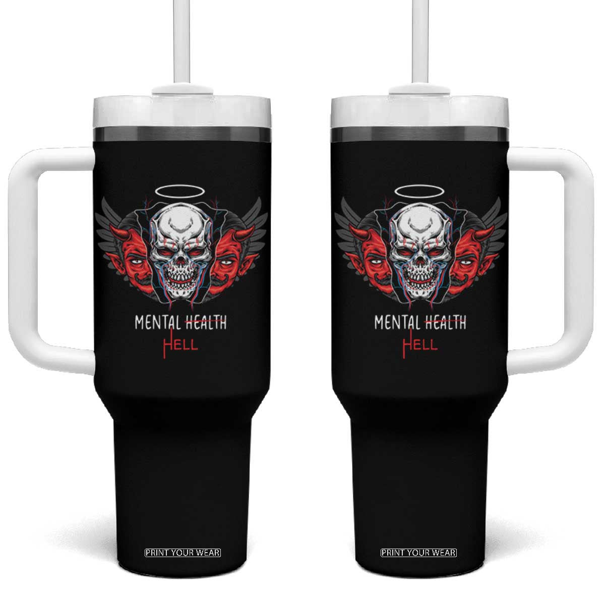 Mental Health Hell Satan Skull Tumbler With Handle TS09 One Size: 40 oz Black Print Your Wear