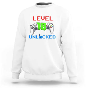Gamer Birthday Sweatshirt Day Of Birth Level 18 Unlocked Video Game TS09 White Print Your Wear