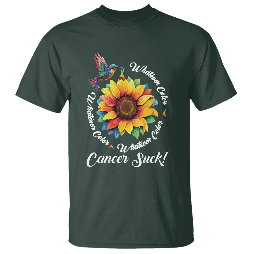 All Cancer T Shirt Whatever Color Cancer Sucks Fight Cancer Rainbow Ribbons Sunflower And Bird TS09 Dark Forest Green Printyourwear