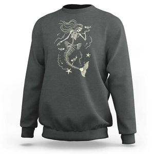 Halloween Mermaid Sweatshirt Mermaid Skeleton Spooky Season In Ocean TS09 Dark Heather Print Your Wear