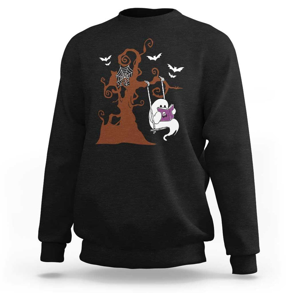 Halloween Bookaholic Sweatshirt Cute Ghost Swing Reading Book TS09 Black Print Your Wear