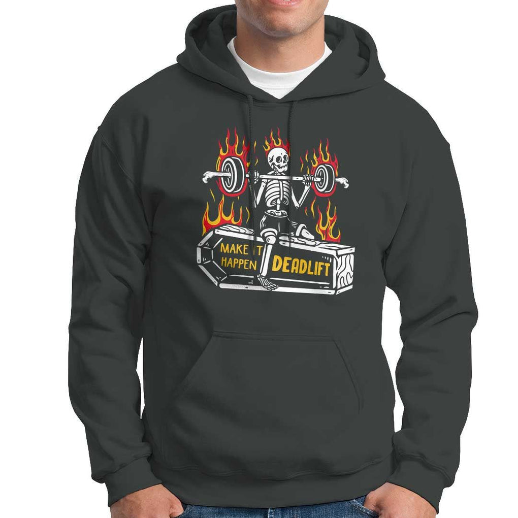Halloween Gymer Hoodie Make It Happen Skeleton Deadlift Fitness Gym TS09 Dark Heather Print Your Wear