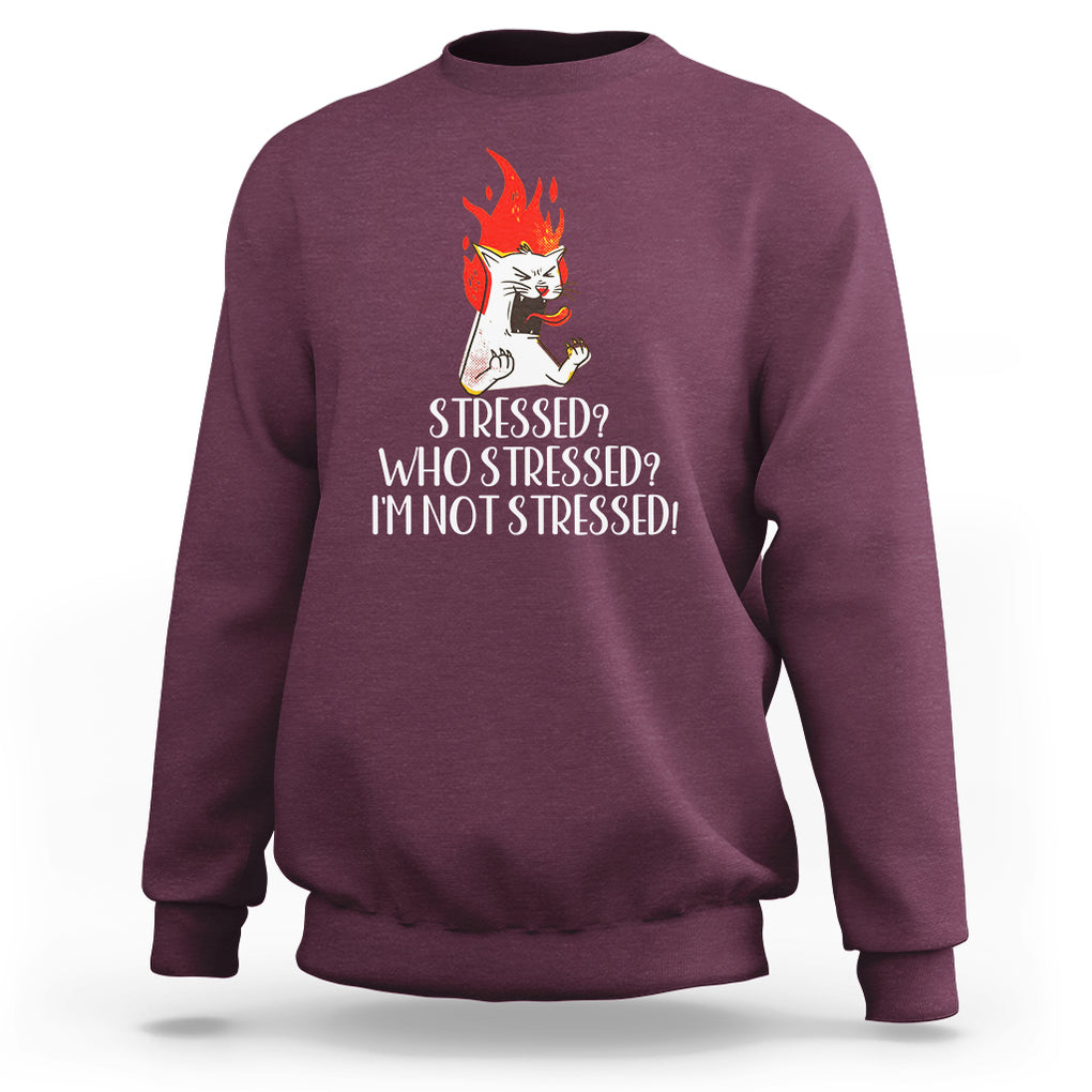 Stressed Who's Stressed? I'm Not Stressed Funny Angry Cat Sweatshirt TS09 Maroon Printyourwear