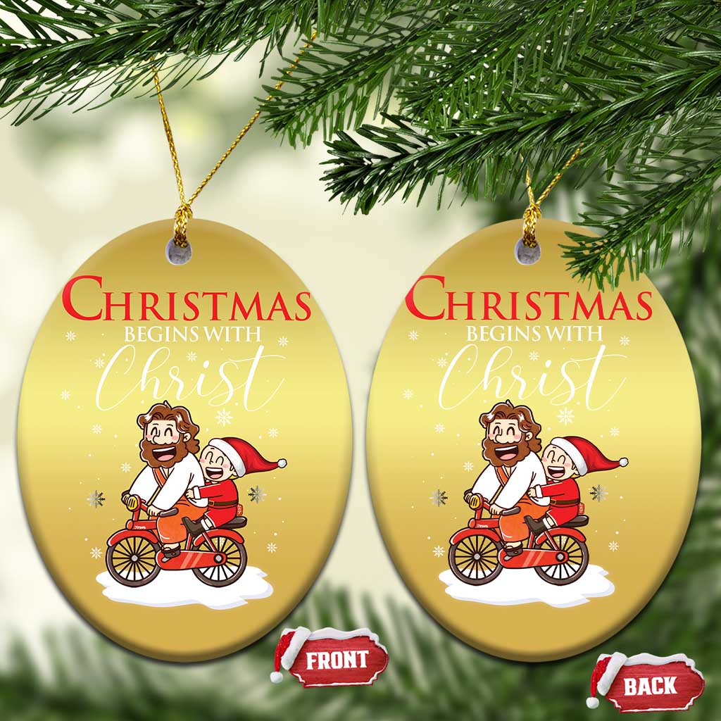 Christmas Begins With Christ Christmas Ornament Jesus Santa Riding Bicycle TS09 Oval Gold Print Your Wear
