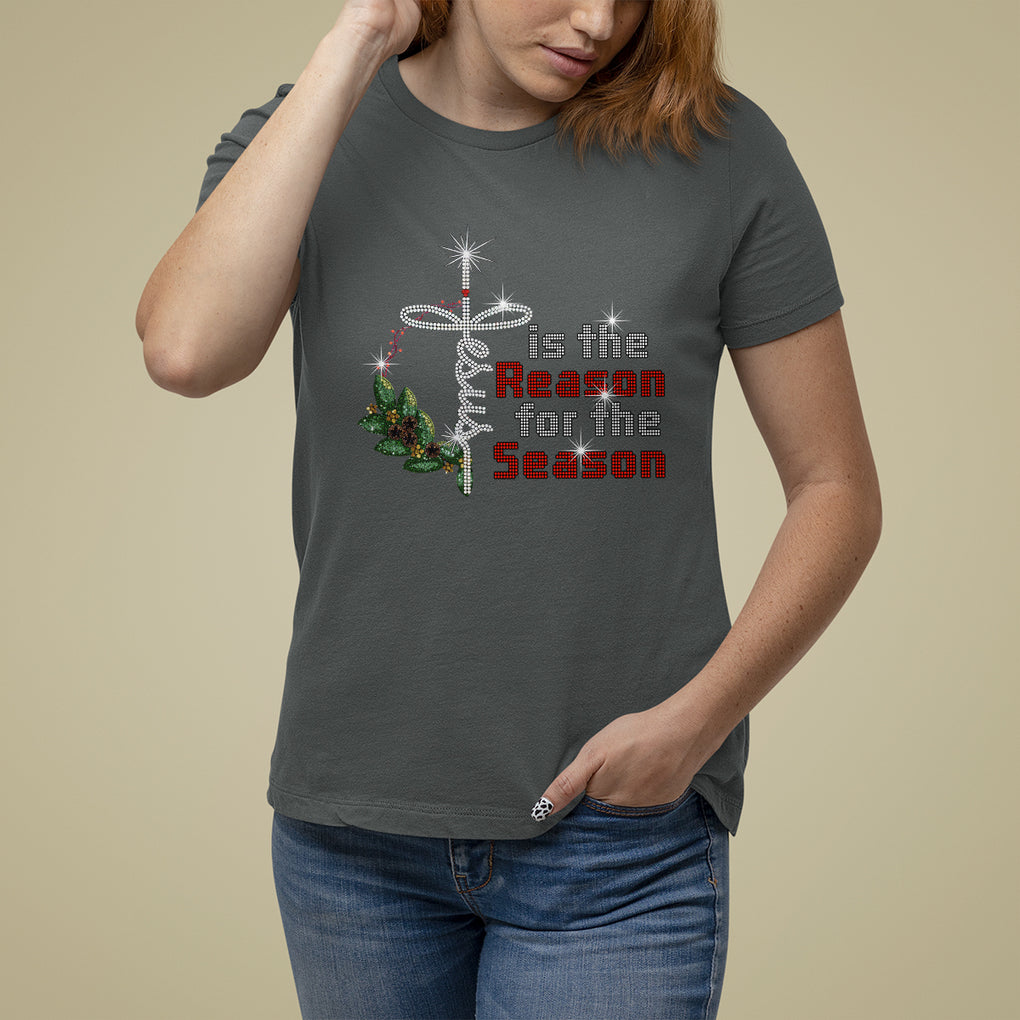 Jesus Is The Reason For The Season Bling Christmas T Shirt For Women TS09 Dark Heather Printyourwear