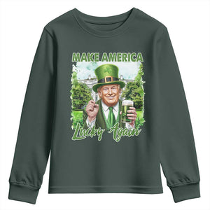 Funny Trump St. Patrick's Day Youth Sweatshirt Make America Lucky Again TS09 Dark Forest Green Print Your Wear