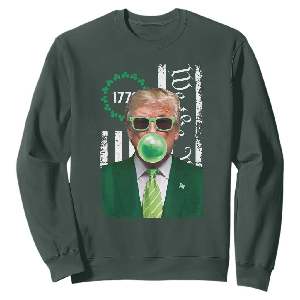 Funny Trump St. Patrick's Day Sweatshirt Trump Green Bubble Gum Anerica Flag TS09 Dark Forest Green Print Your Wear