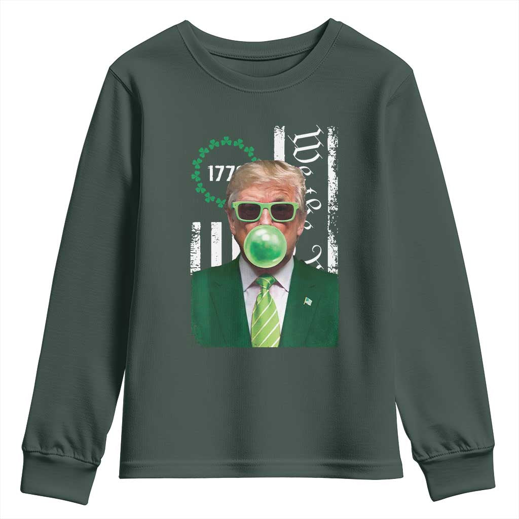 Funny Trump St. Patrick's Day Youth Sweatshirt Trump Green Bubble Gum Anerica Flag TS09 Dark Forest Green Print Your Wear