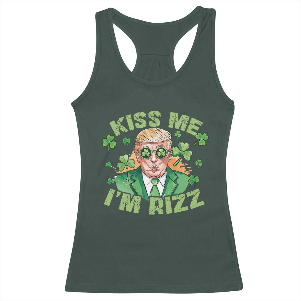 Funny Trump St. Patrick's Day Racerback Tank Top Kiss Me I'm Rizz TS09 Dark Forest Green Print Your Wear