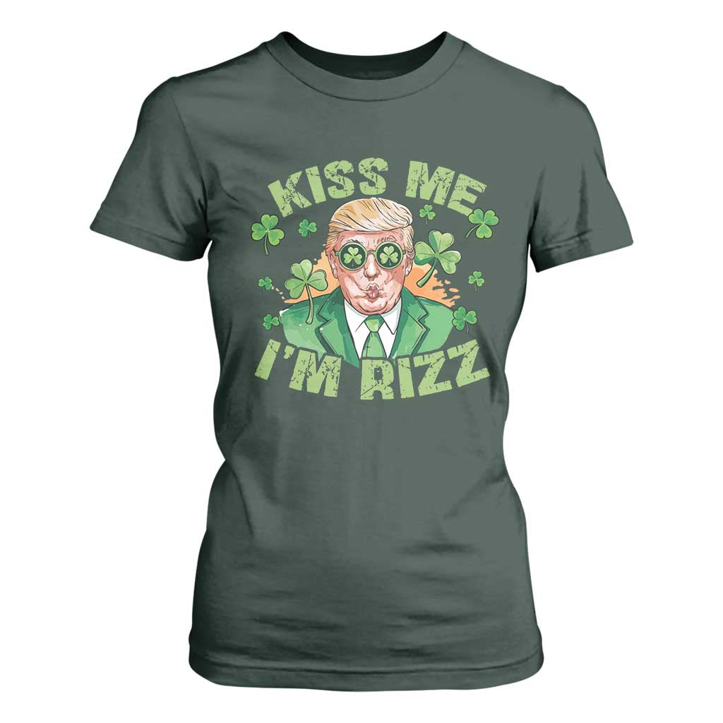 Funny Trump St. Patrick's Day T Shirt For Women Kiss Me I'm Rizz TS09 Dark Forest Green Print Your Wear