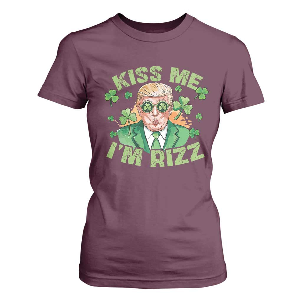Funny Trump St. Patrick's Day T Shirt For Women Kiss Me I'm Rizz TS09 Maroon Print Your Wear