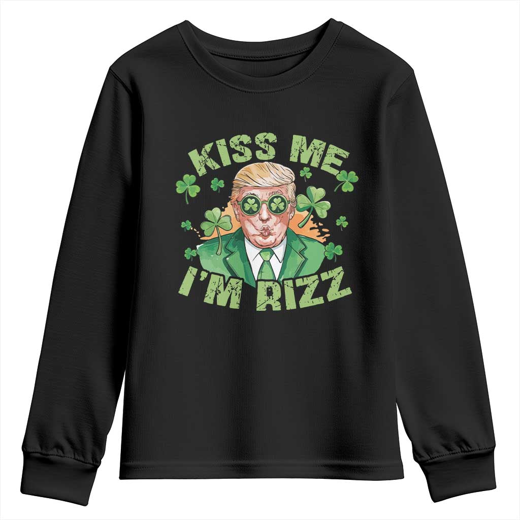 Funny Trump St. Patrick's Day Youth Sweatshirt Kiss Me I'm Rizz TS09 Black Print Your Wear