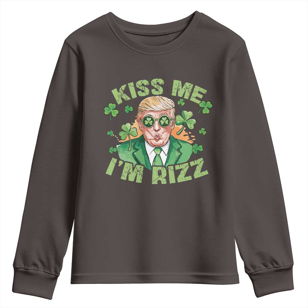 Funny Trump St. Patrick's Day Youth Sweatshirt Kiss Me I'm Rizz TS09 Dark Chocolate Print Your Wear