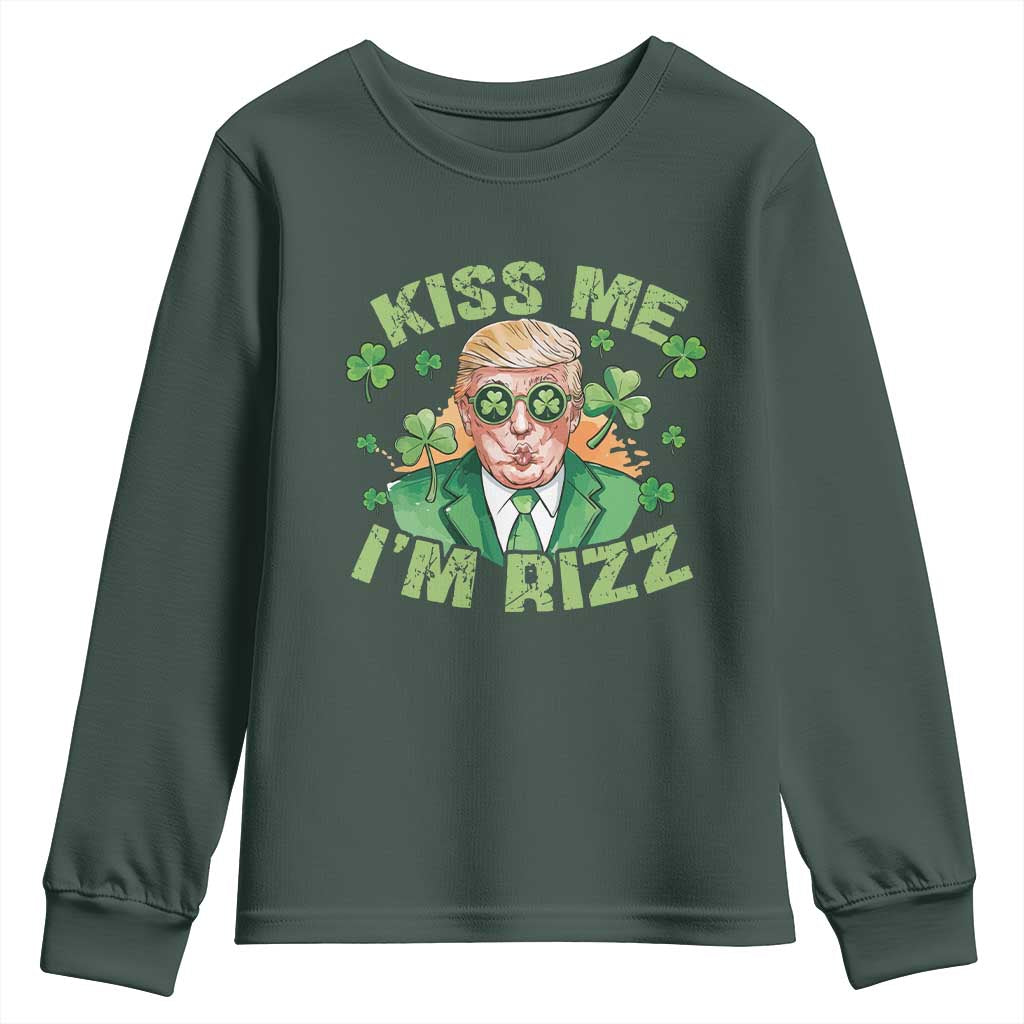 Funny Trump St. Patrick's Day Youth Sweatshirt Kiss Me I'm Rizz TS09 Dark Forest Green Print Your Wear