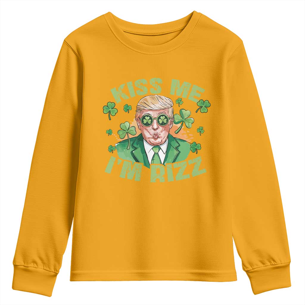 Funny Trump St. Patrick's Day Youth Sweatshirt Kiss Me I'm Rizz TS09 Gold Print Your Wear