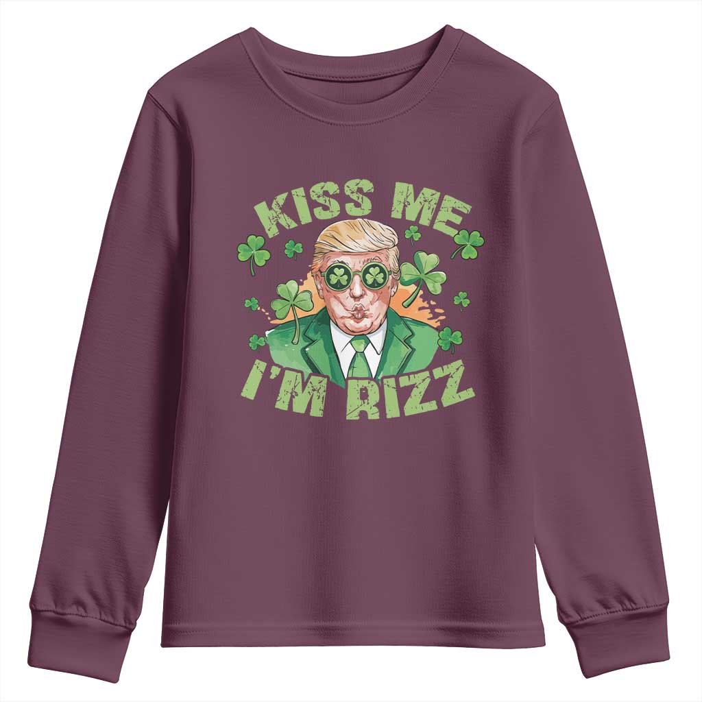 Funny Trump St. Patrick's Day Youth Sweatshirt Kiss Me I'm Rizz TS09 Maroon Print Your Wear
