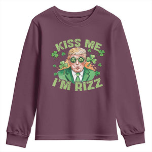 Funny Trump St. Patrick's Day Youth Sweatshirt Kiss Me I'm Rizz TS09 Maroon Print Your Wear