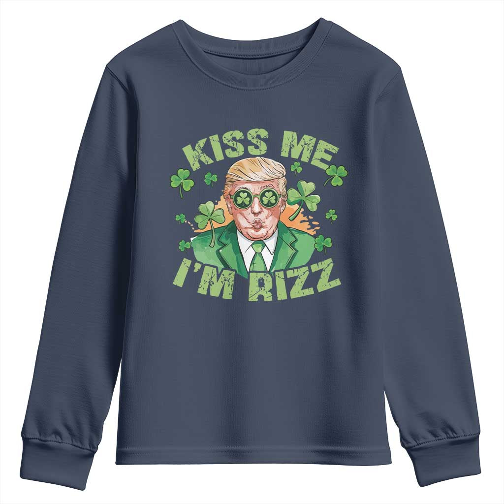 Funny Trump St. Patrick's Day Youth Sweatshirt Kiss Me I'm Rizz TS09 Navy Print Your Wear