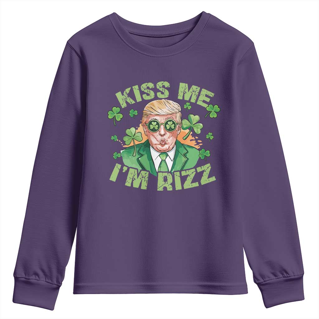 Funny Trump St. Patrick's Day Youth Sweatshirt Kiss Me I'm Rizz TS09 Purple Print Your Wear