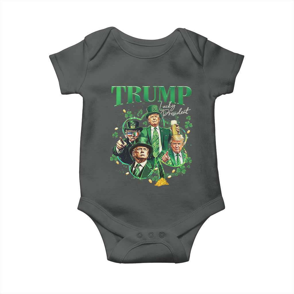 Funny Trump St. Patrick's Day Baby Onesie Shamrock Lucky President Trump TS09 Dark Heather Print Your Wear