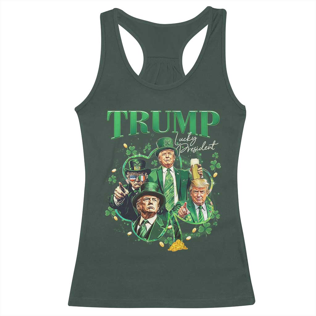 Funny Trump St. Patrick's Day Racerback Tank Top Shamrock Lucky President Trump TS09 Dark Forest Green Print Your Wear
