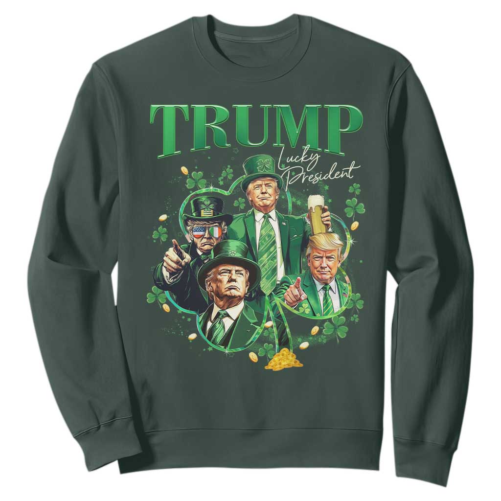 Funny Trump St. Patrick's Day Sweatshirt Shamrock Lucky President Trump TS09 Dark Forest Green Print Your Wear